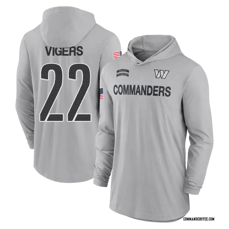 Youth Washington Commanders ＃22 Car'lin Vigers Gray 2024 Salute to Service Lightweight Performance Long Sleeve Hooded T-Shirt
